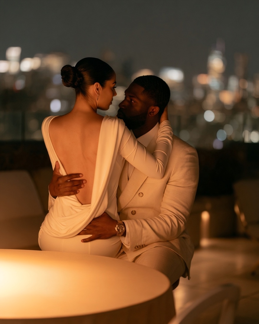 A couple sitting close on a candlelit rooftop, city lights behind them